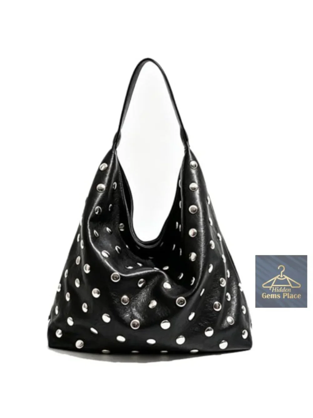 Soft Vegan Leather Studded Hobo Tote Purse with Rivets